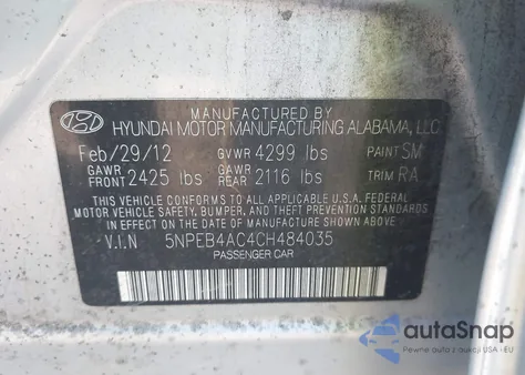 2012 Hyundai Sonata Gls Pzev из США, поврежденный, VIN 5NPEB4AC4CH484035